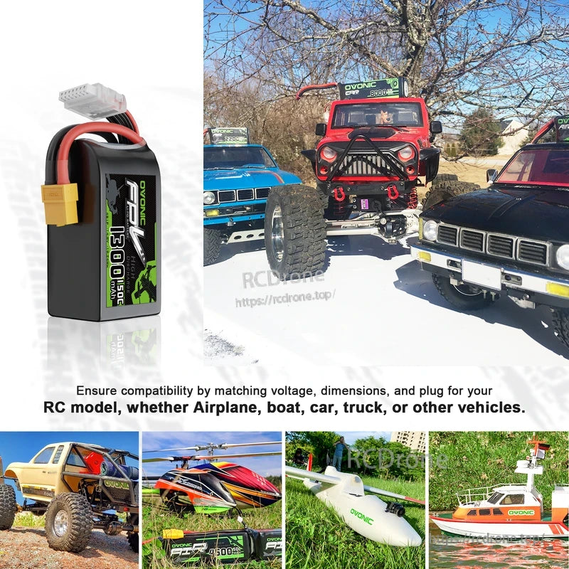 LiPo battery use case collage for RC vehicles and models, showing compatibility examples (car, truck, boat)