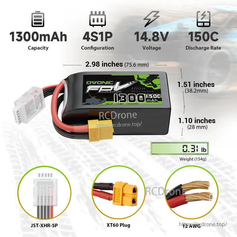 4S 1300mAh 14.8V 150C LiPo battery dimensions and weight chart with XT60 plug and JST-XHR-5P lead