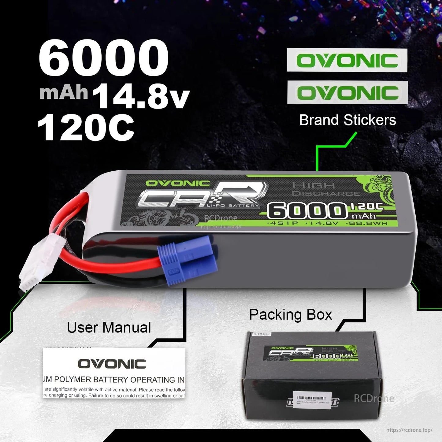 Package contents: Ovonic 6000mAh 14.8V 120C battery with brand stickers, user manual and packing box shown