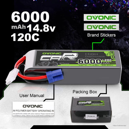 Package contents: Ovonic 6000mAh 14.8V 120C battery with brand stickers, user manual and packing box shown