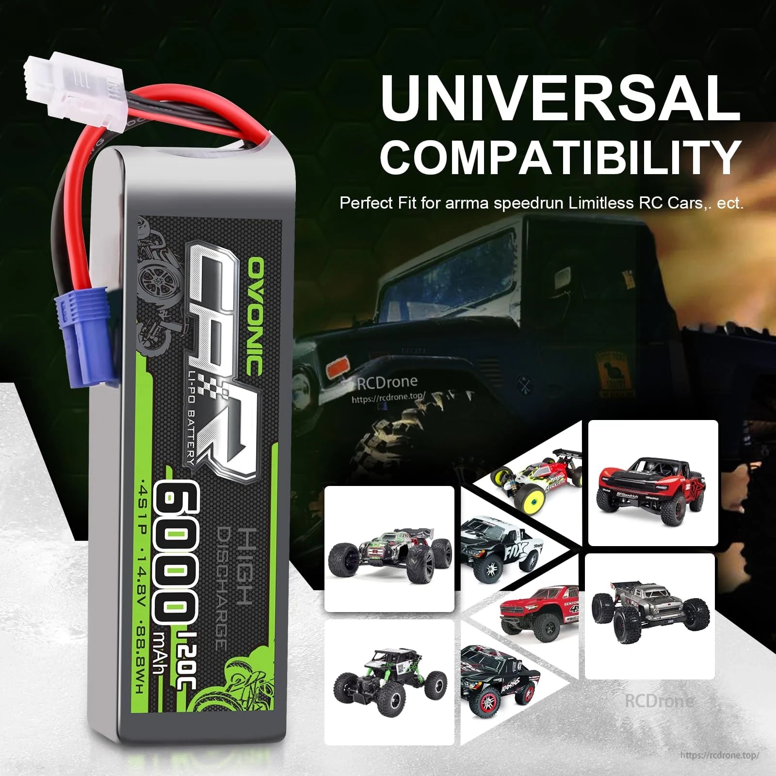 Universal compatibility graphic showing Ovonic 6000mAh battery alongside RC car and truck application images
