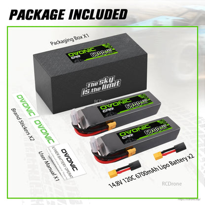 Package contents: 2 Ovonic 14.8V 6700mAh 120C LiPo batteries, XT60 adapter, box, stickers and user manual