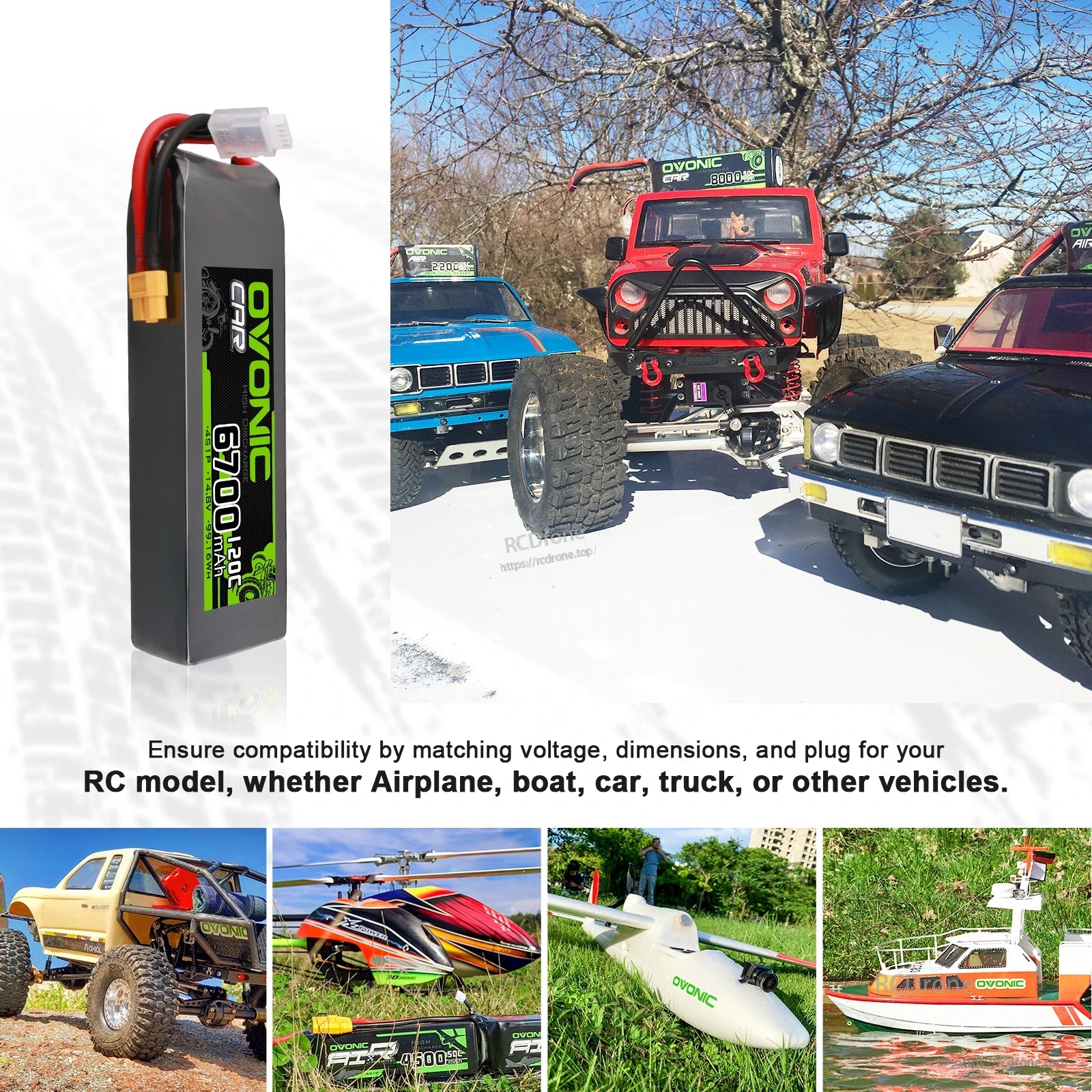 Ovonic 4S 6700mAh 120C 14.8V LiPo battery shown with RC car, truck, helicopter, plane and boat examples