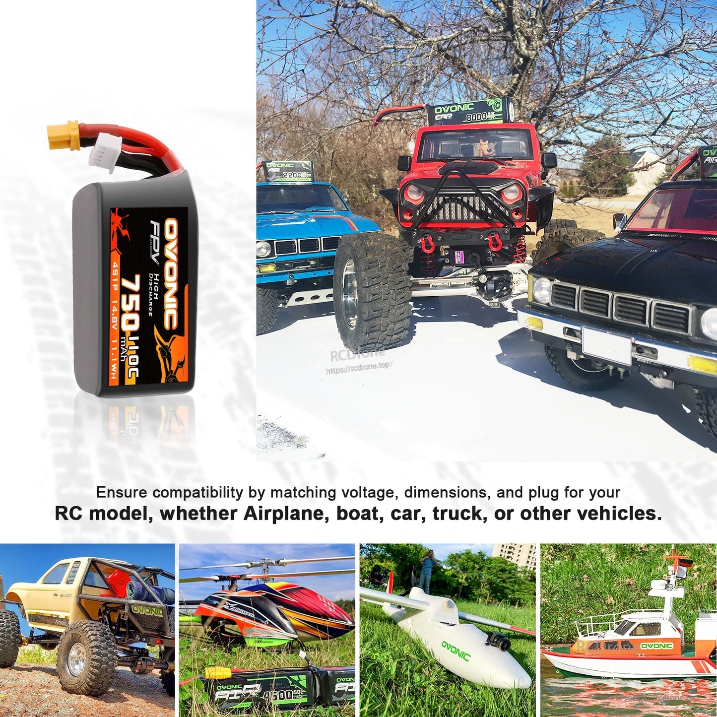 Ovonic 4S 750mAh 14.8V LiPo battery application collage for RC models including cars, helicopter, boat
