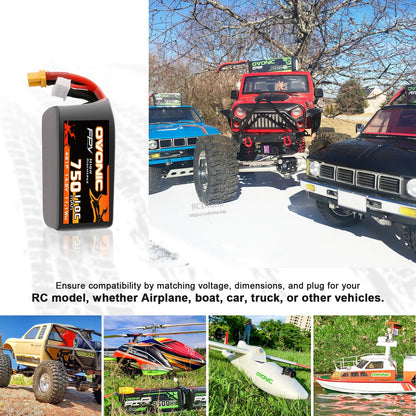 Ovonic 4S 750mAh 14.8V LiPo battery application collage for RC models including cars, helicopter, boat