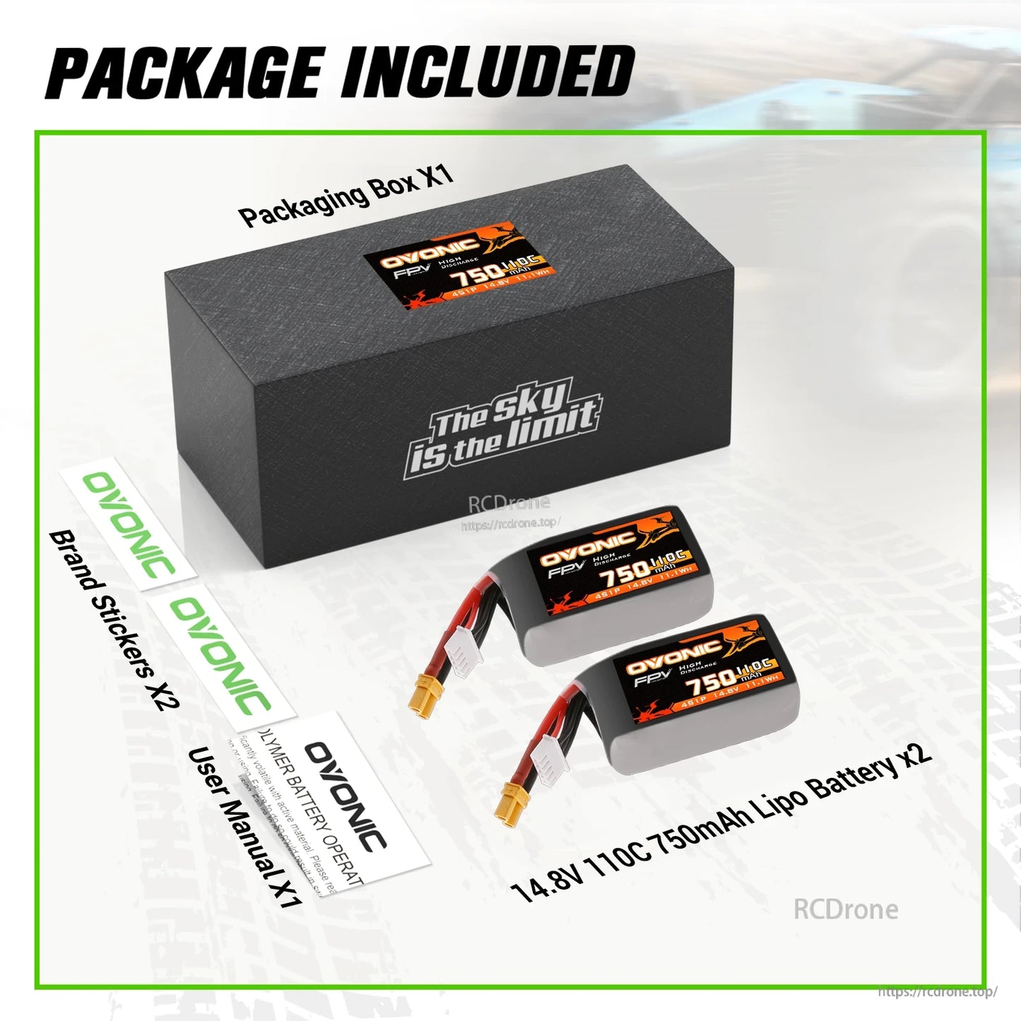 Package contents shown: box, two 14.8V 750mAh 110C LiPo batteries, user manual and brand stickers