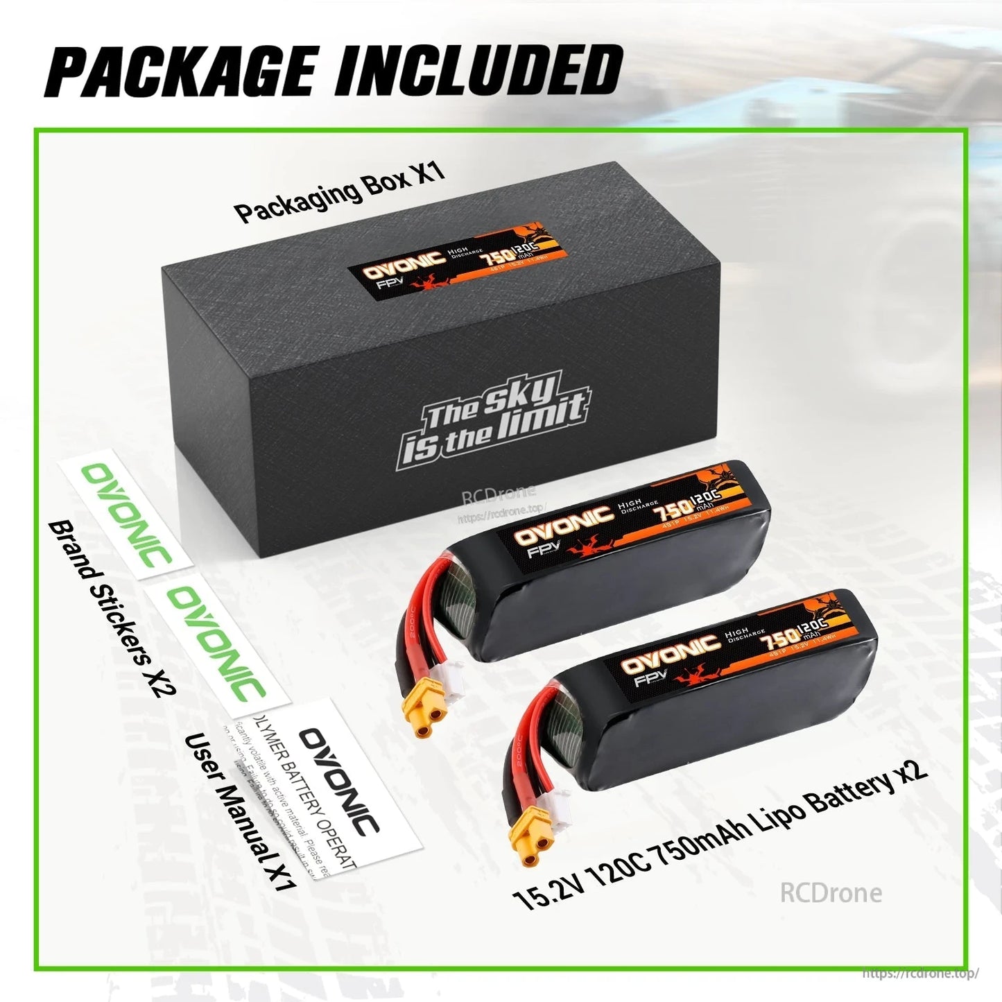 Package contents: Ovonic 15.2V 750mAh 120C LiHV batteries (2), packaging box, user manual, and brand stickers