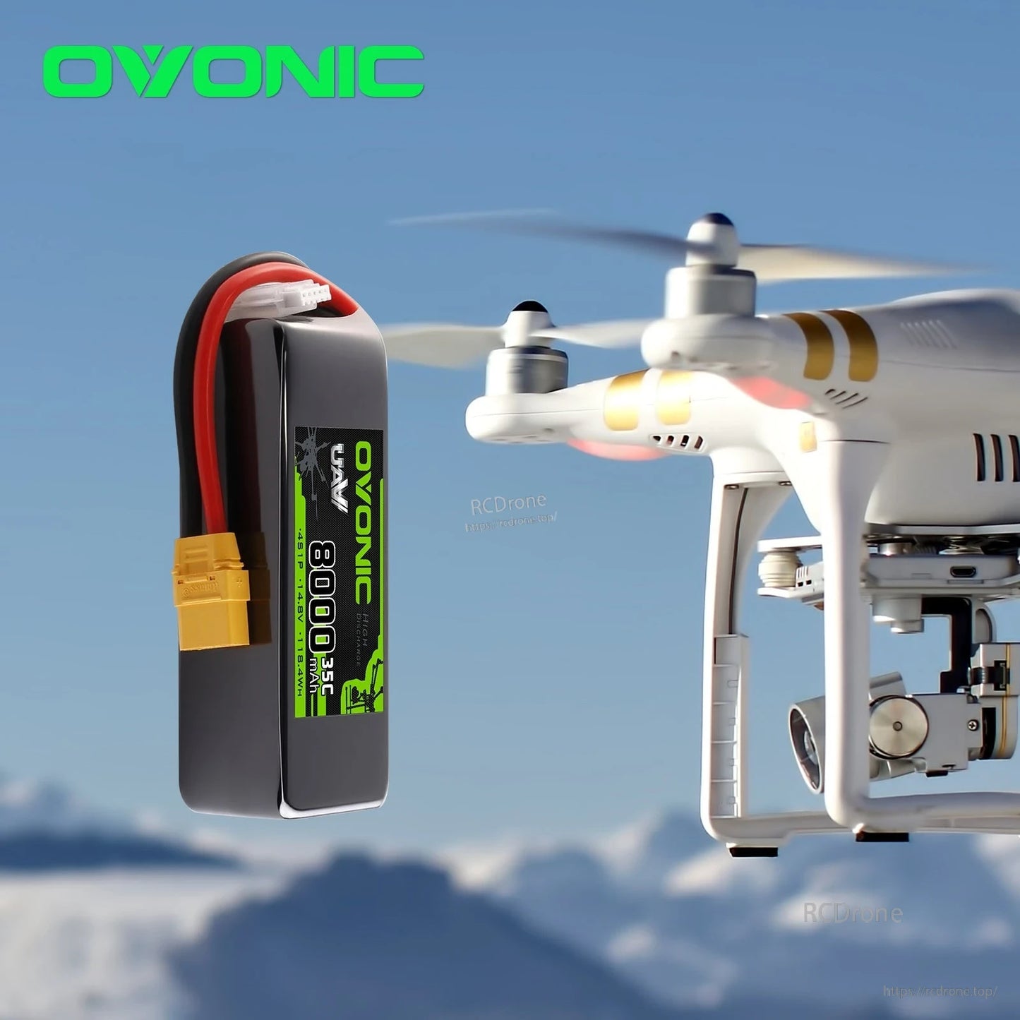 Ovonic 8000mAh 4S softcase LiPo battery shown beside a quadcopter drone for use-case illustration