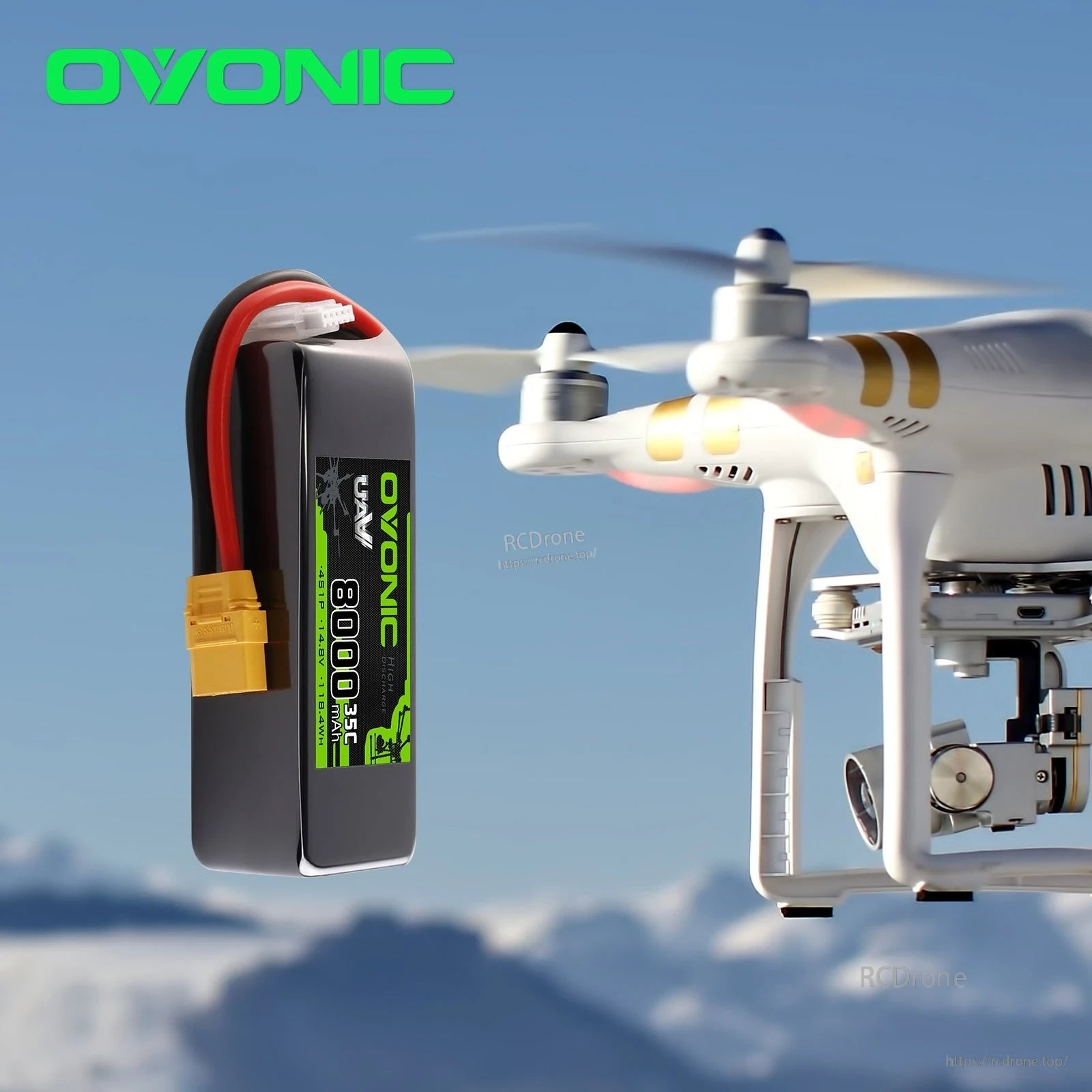 Ovonic 8000mAh 4S softcase LiPo battery shown beside a quadcopter drone for use-case illustration