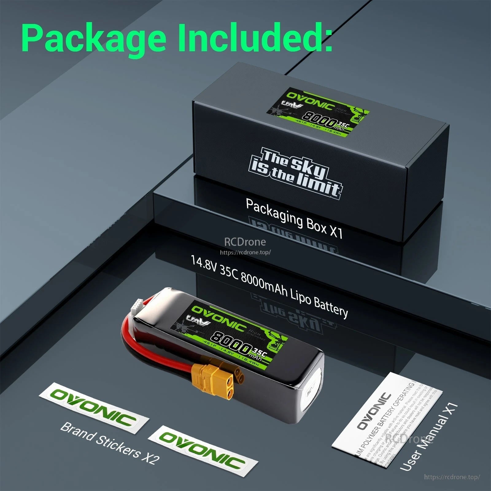 Package contents: Ovonic 14.8V 8000mAh 35C LiPo battery, packaging box, brand stickers, and user manual
