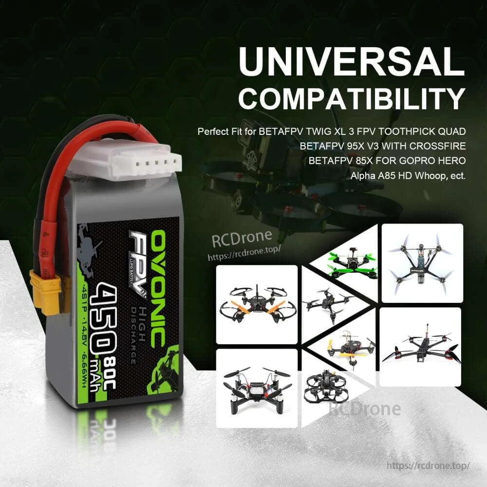 Ovonic 4pcs 14.8V 4S 450mAh 80C LiPo Battery shown with universal compatibility FPV drone graphic