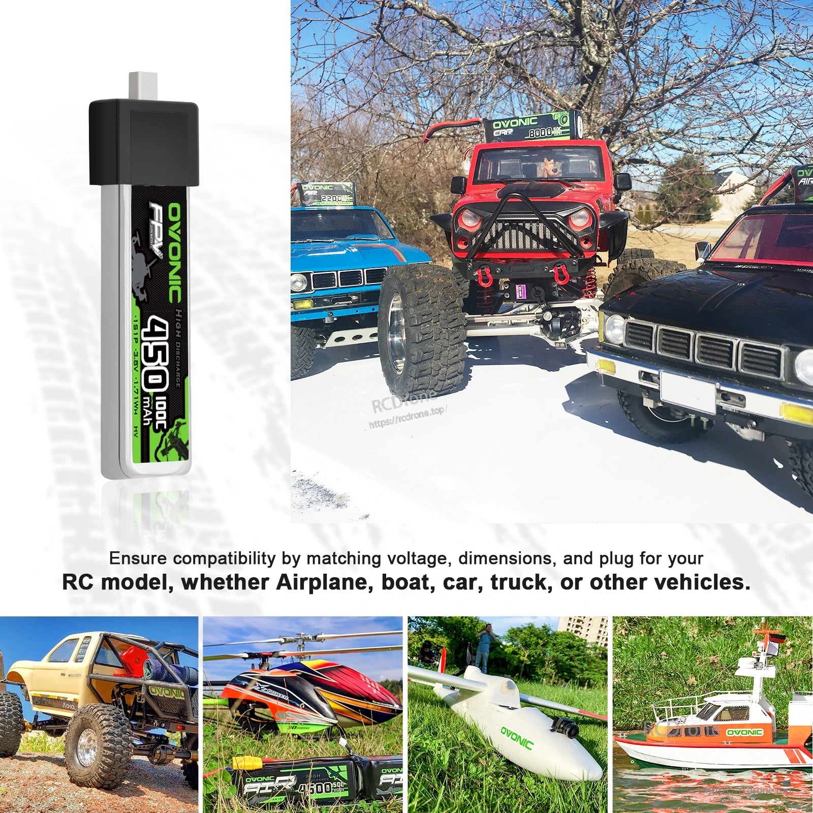 RC model application collage showing battery for airplane, boat, car and truck use cases