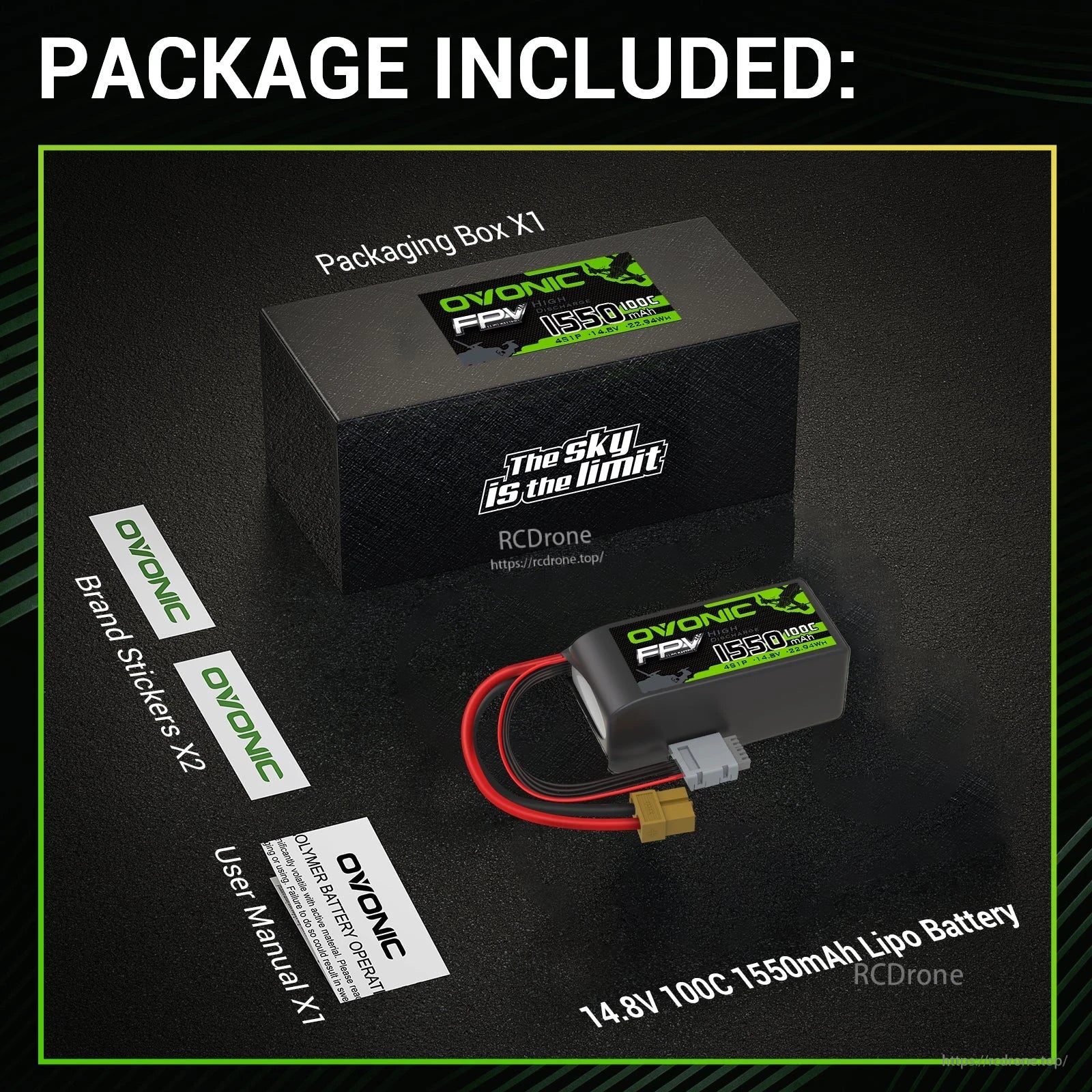 Package contents shown: Ovonic battery, retail box, user manual, and brand stickers