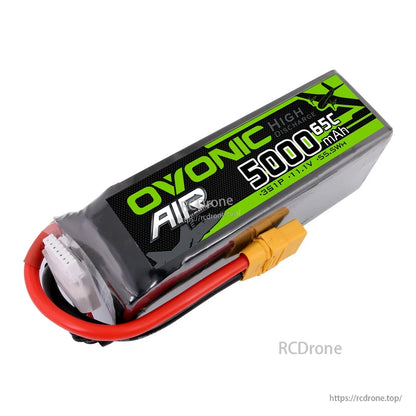 Ovonic 5000mAh 3S1P 11.1V 65C LiPo battery pack with XT90 plug and balance lead, angled view