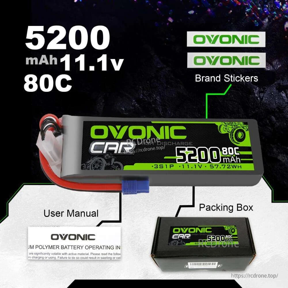Package contents: Ovonic 5200mAh 11.1V 80C LiPo battery, brand stickers, user manual, and packing box