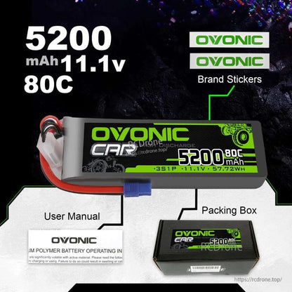 Package contents: Ovonic 5200mAh 11.1V 80C LiPo battery, brand stickers, user manual, and packing box