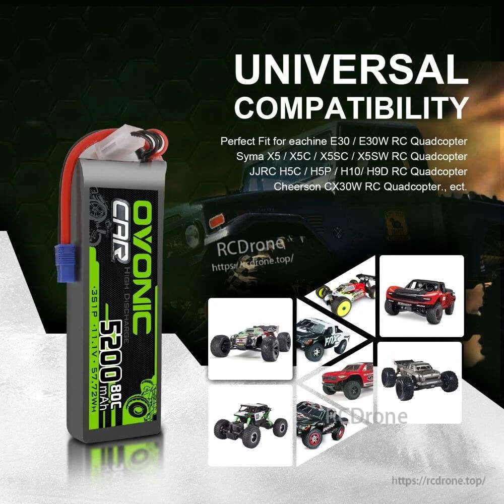 Universal compatibility graphic showing Ovonic LiPo battery alongside RC car and quadcopter application images