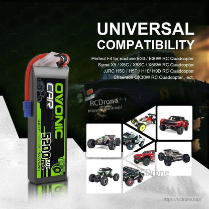 Universal compatibility graphic showing Ovonic LiPo battery alongside RC car and quadcopter application images