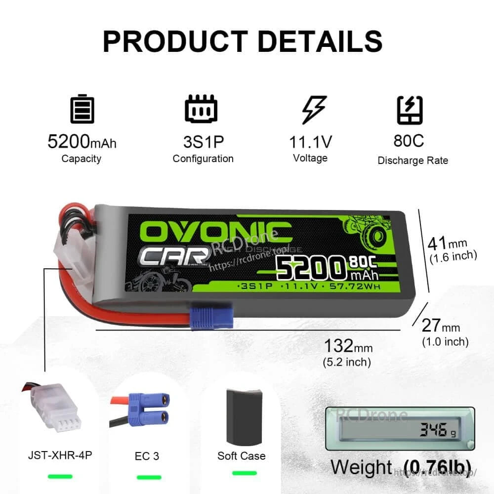 Ovonic 5200mAh 11.1V 3S1P 80C LiPo battery specs infographic with size, weight, and connector icons