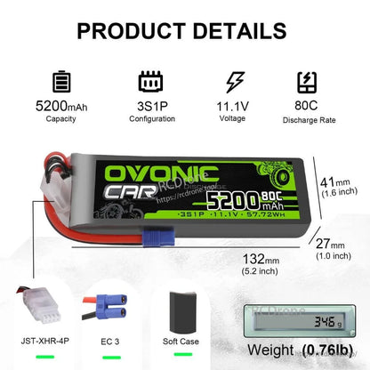 Ovonic 5200mAh 11.1V 3S1P 80C LiPo battery specs infographic with size, weight, and connector icons