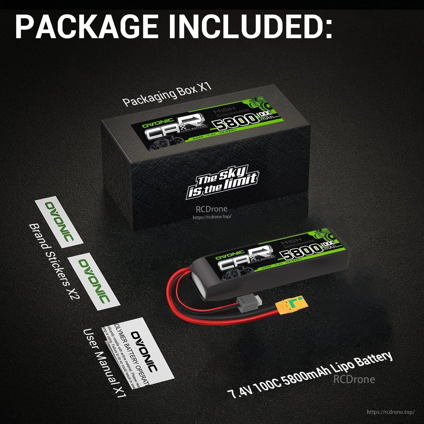 Package contents: Ovonic hard case LiPo battery, retail box, user manual, and two Ovonic brand stickers