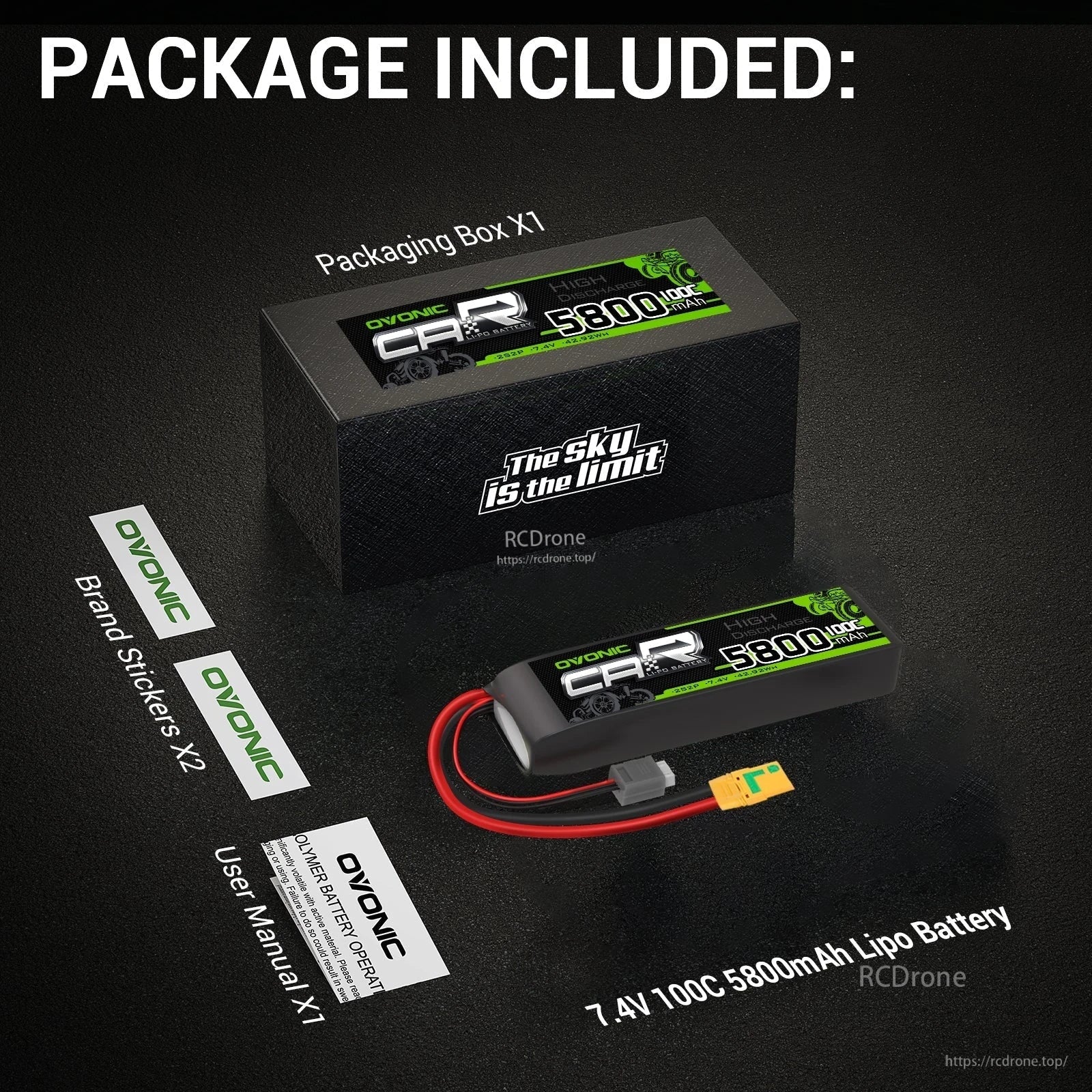 Package contents: Ovonic hard case LiPo battery, retail box, user manual, and two Ovonic brand stickers