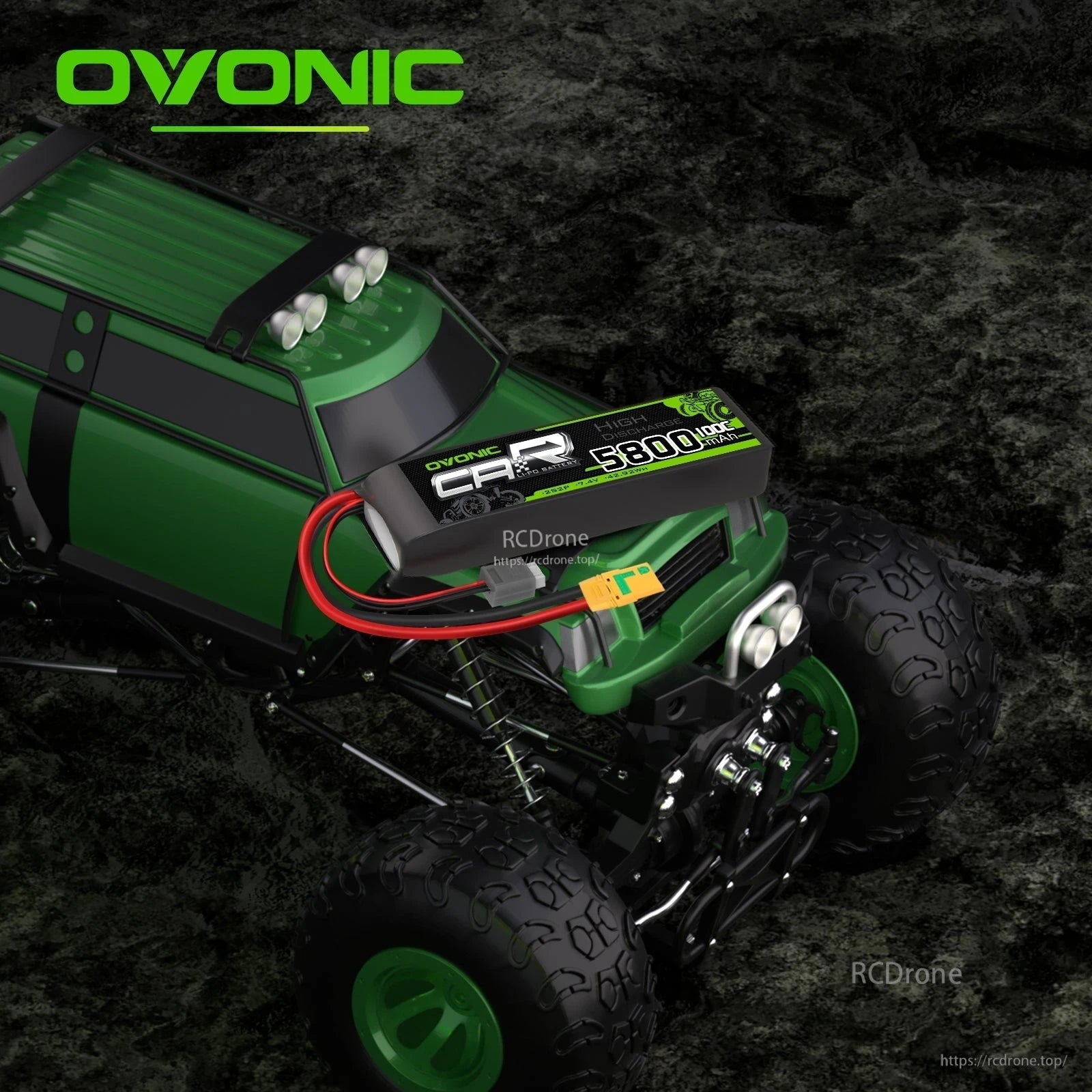 RC car application example with Ovonic hard case LiPo battery installed and XT90 connector visible