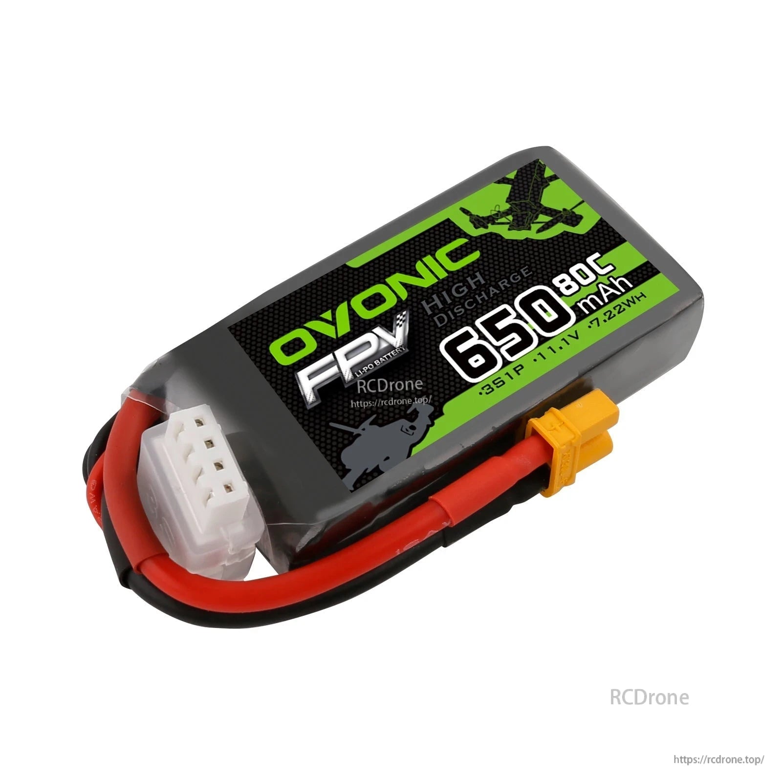Diagonal product view of 650mAh 3S LiPo battery showing full label, wiring loop, and XT30 connector