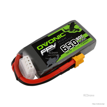 Diagonal product view of 650mAh 3S LiPo battery showing full label, wiring loop, and XT30 connector