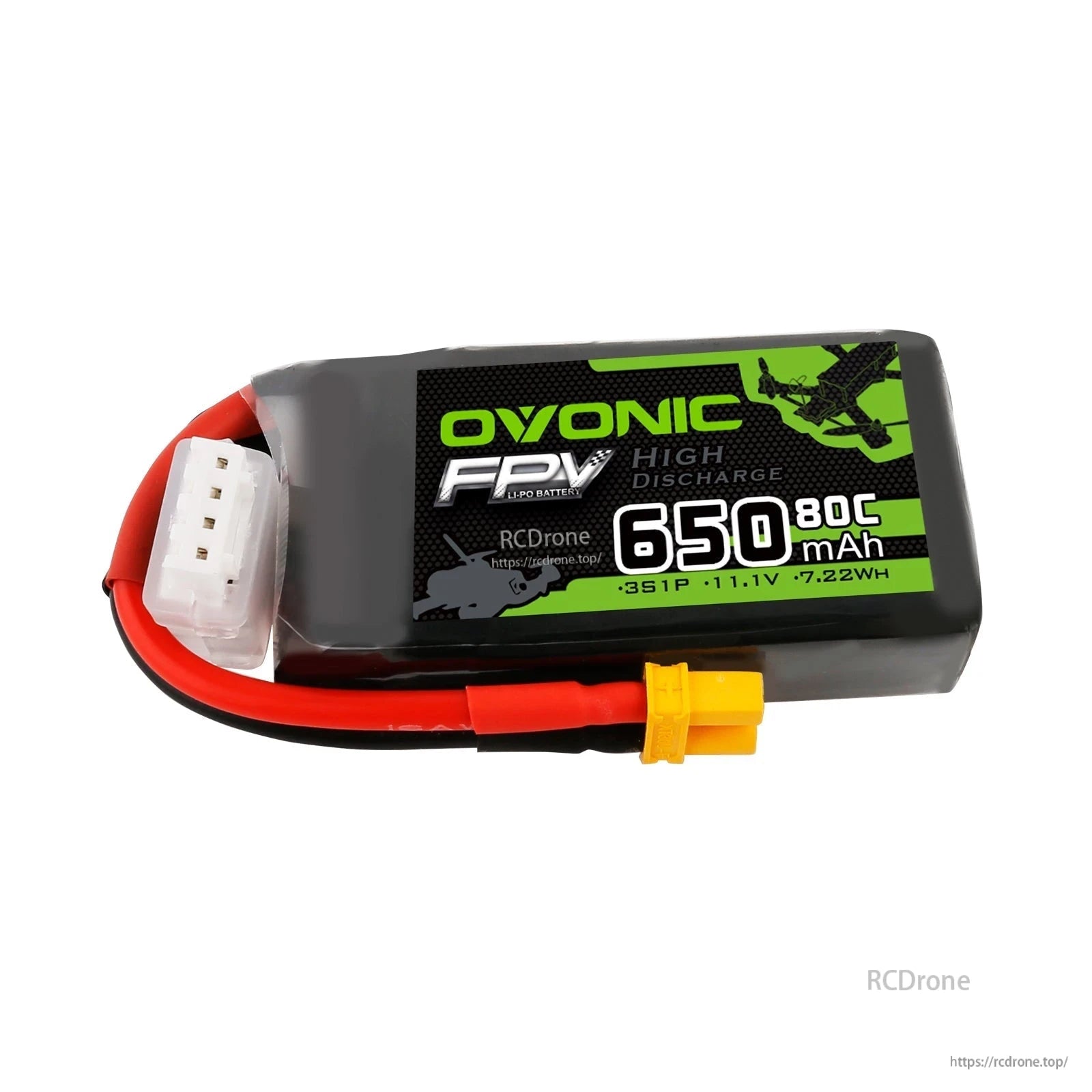 Front label view of Ovonic FPV 650mAh 80C 3S1P 11.1V (7.22Wh) LiPo battery with XT30 plug