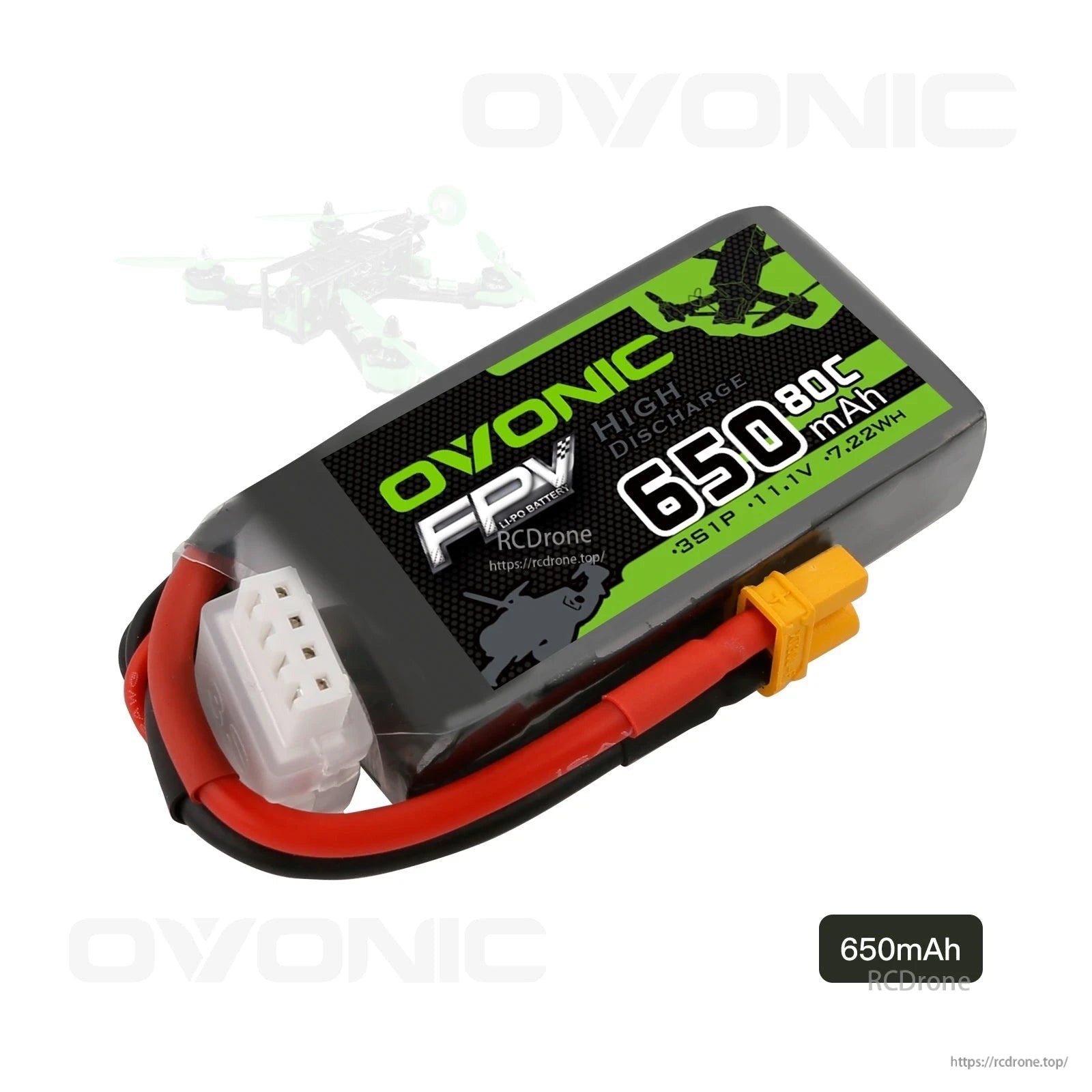 Angled close-up of Ovonic 650mAh 3S 11.1V 80C LiPo battery with XT30 connector and lead wires