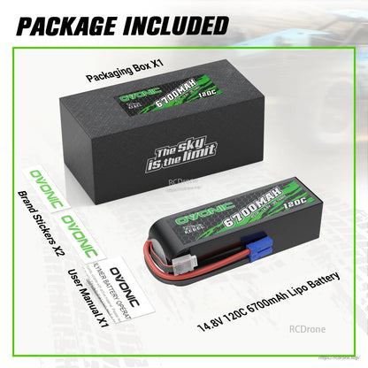 Package contents for Ovonic 14.8V 120C 6700mAh LiPo battery: box, battery, user manual and stickers