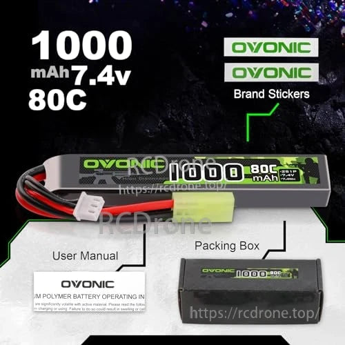 Package contents: Ovonic 1000mAh 7.4V 80C battery, packing box, user manual, and brand stickers