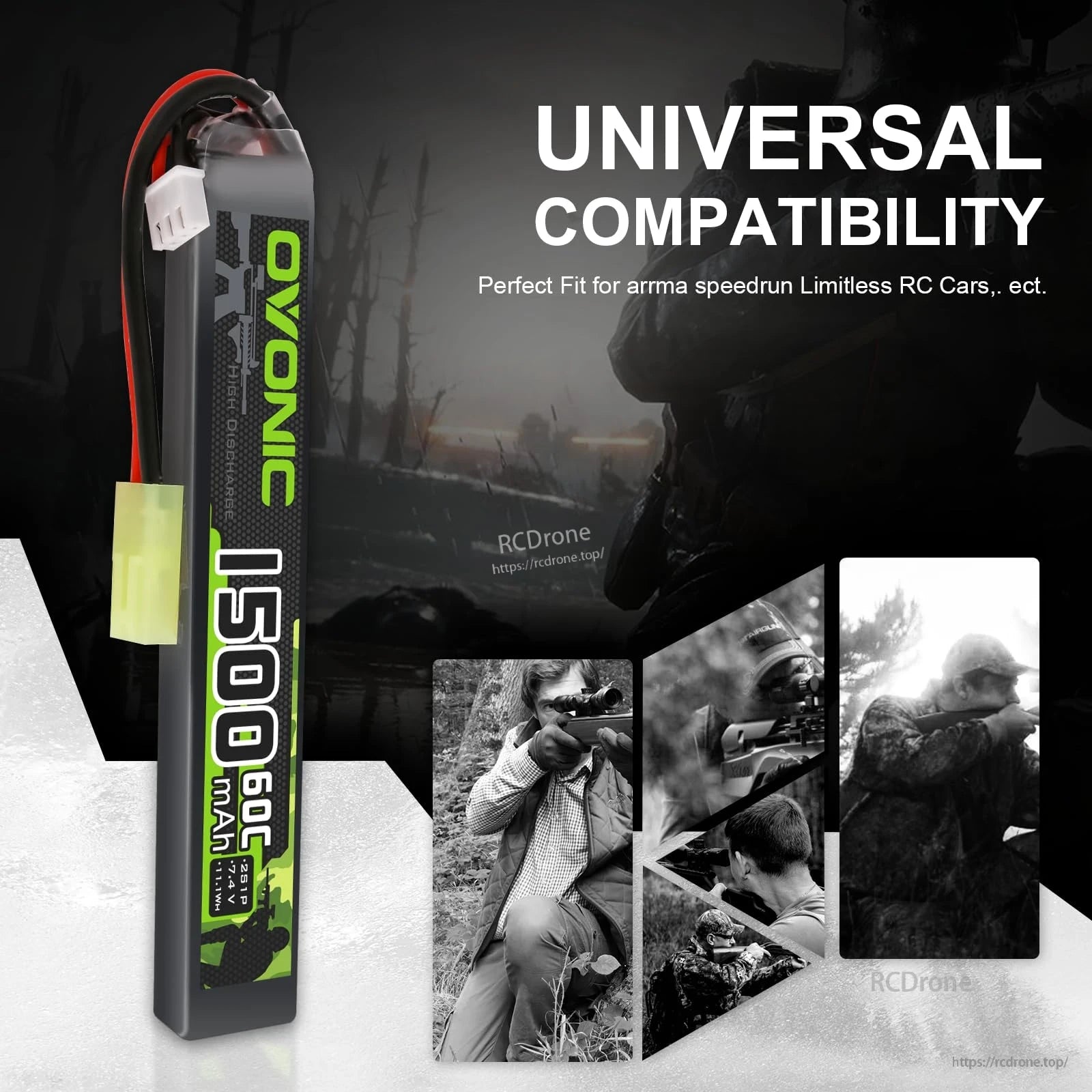 Universal compatibility graphic showing Ovonic 1500mAh battery with use-case montage