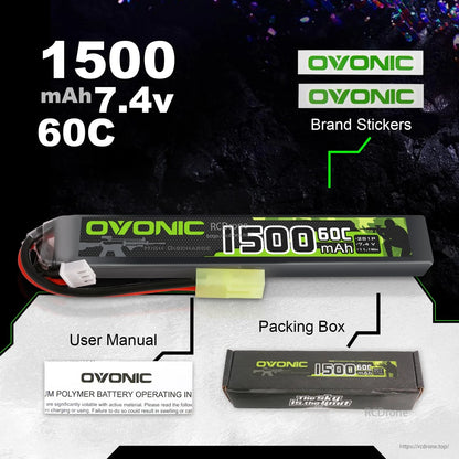 Ovonic 7.4V 1500mAh 60C LiPo battery package contents: battery, box, user manual, brand stickers
