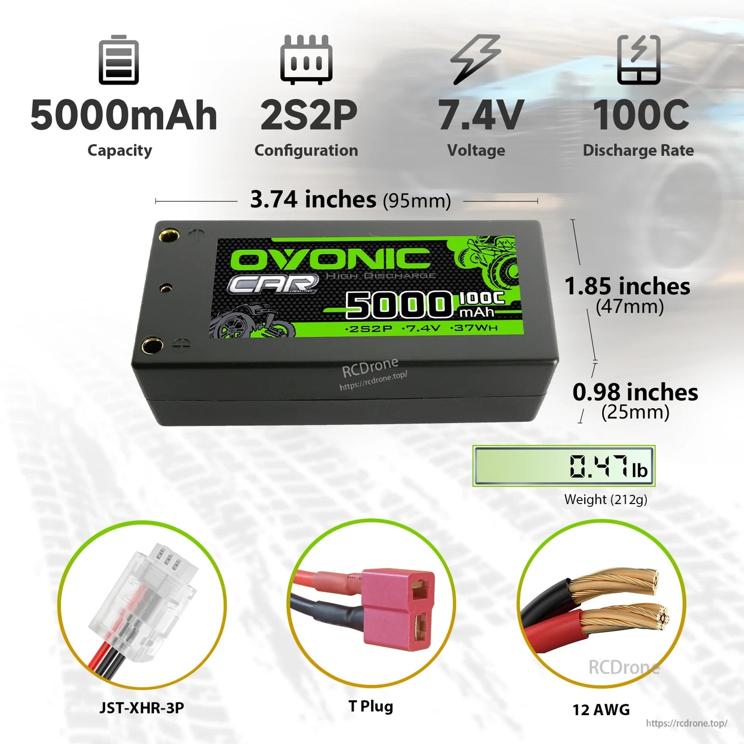 Ovonic 7.4V 5000mAh 2S2P shorty LiPo battery dimensions, weight, and connector types infographic