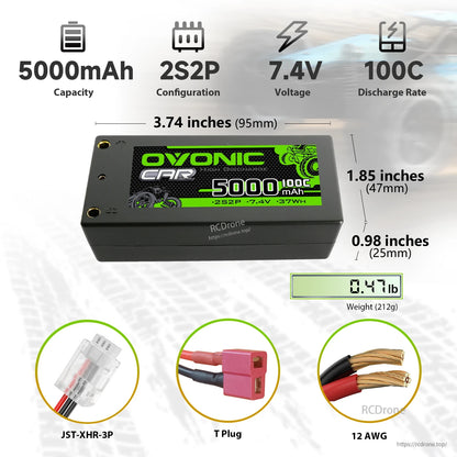 Ovonic 7.4V 5000mAh 2S2P shorty LiPo battery dimensions, weight, and connector types infographic
