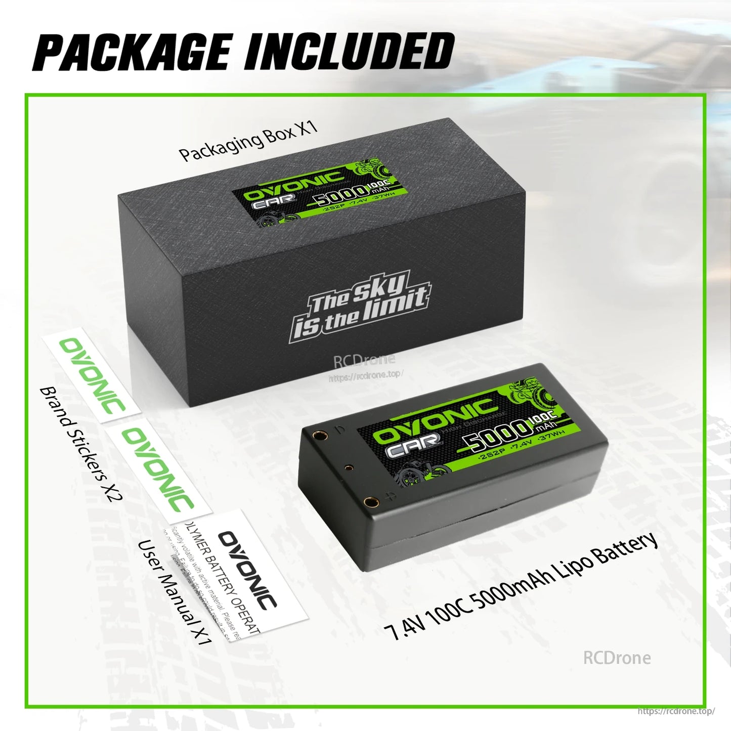 Package included: Ovonic battery, packaging box, brand stickers, and user manual contents layout