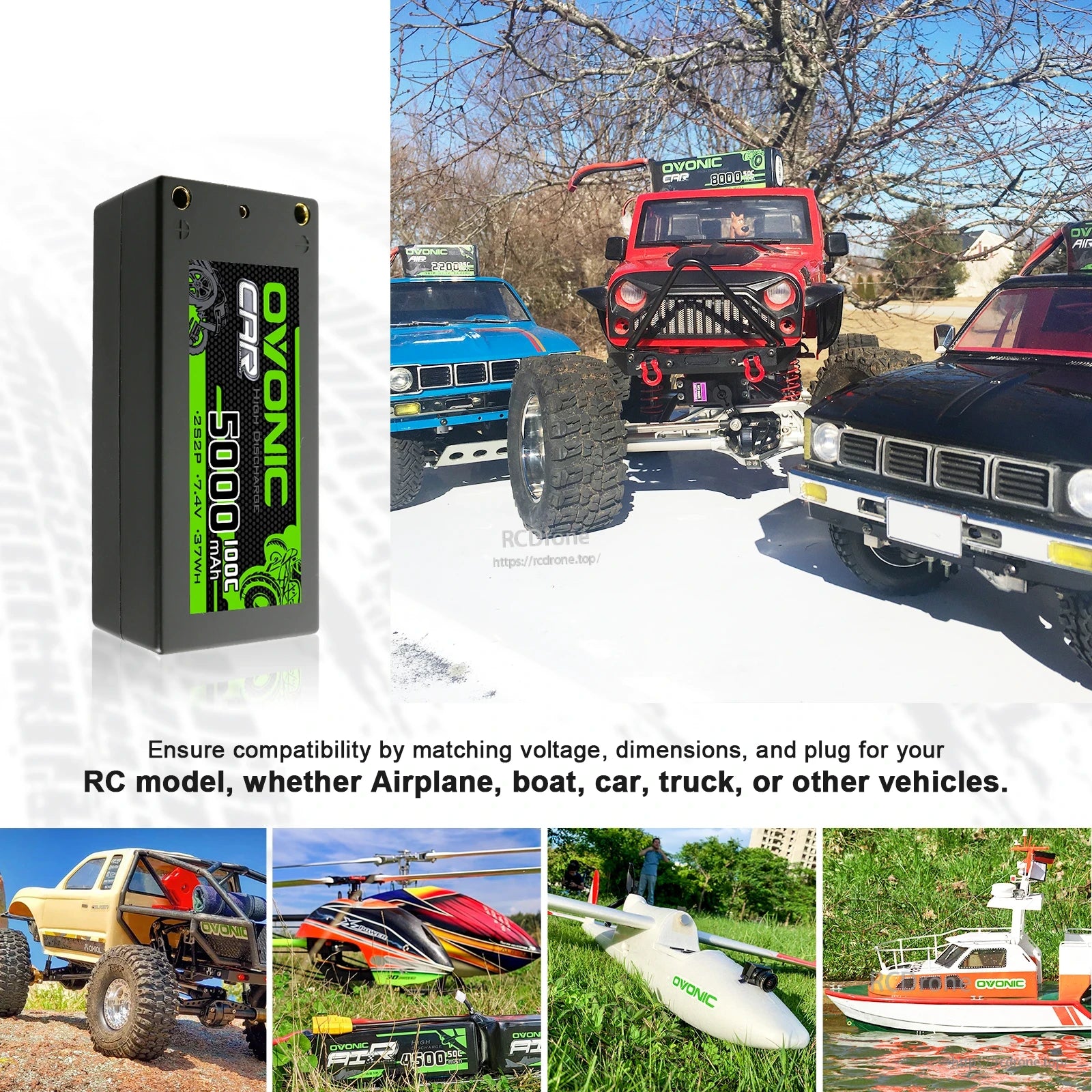 RC model compatibility collage showing Ovonic battery and use in car, truck, helicopter, boat, airplane