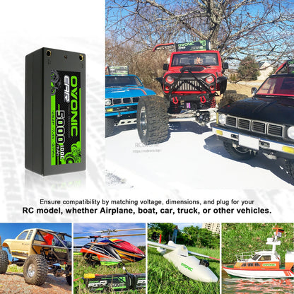 RC model compatibility collage showing Ovonic battery and use in car, truck, helicopter, boat, airplane