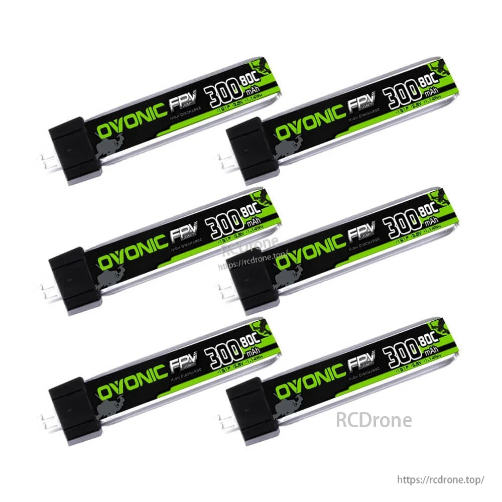 Six Ovonic FPV 300mAh 80C 1S HV batteries arranged on white background, RCdrone watermark
