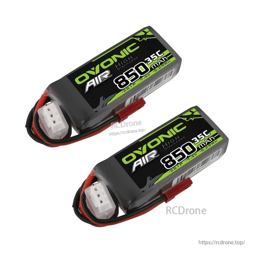 2-pack Ovonic 850mAh 2S 7.4V 35C LiPo battery packs with JST power plug and balance lead