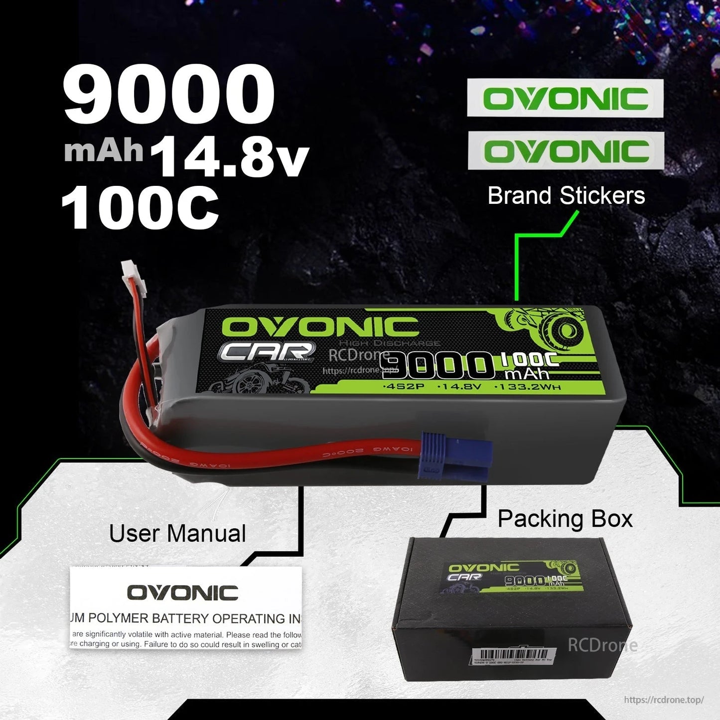 Package contents shown: Ovonic 9000mAh 14.8V 100C battery, brand stickers, user manual, and packing box