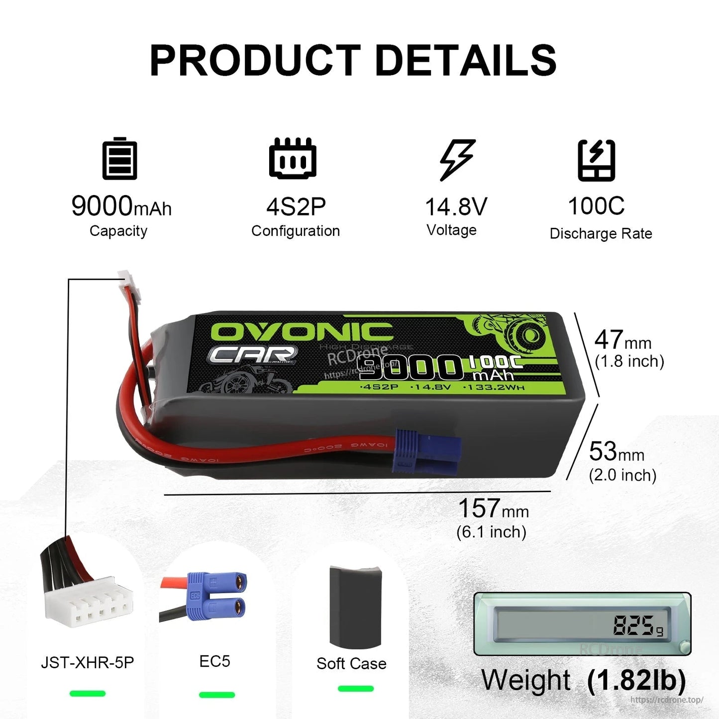 Product details infographic: 9000mAh 4S2P 14.8V 100C with 157×47×53mm dimensions, EC5 and JST-XHR-5P