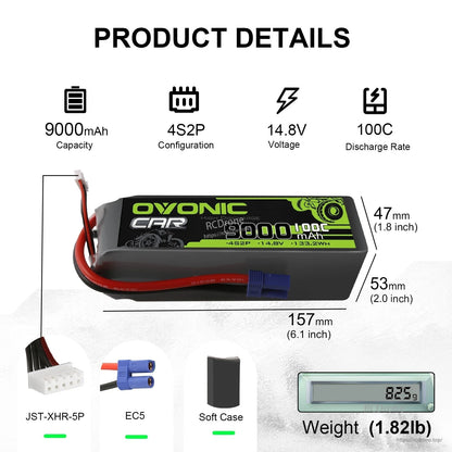Product details infographic: 9000mAh 4S2P 14.8V 100C with 157×47×53mm dimensions, EC5 and JST-XHR-5P