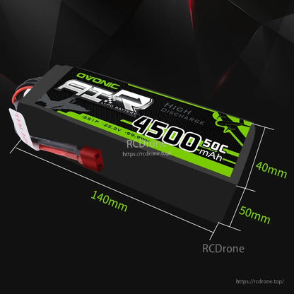 Ovonic AIR 6S 4500mAh 50C LiPo battery size diagram showing 140mm length and 40x50mm profile