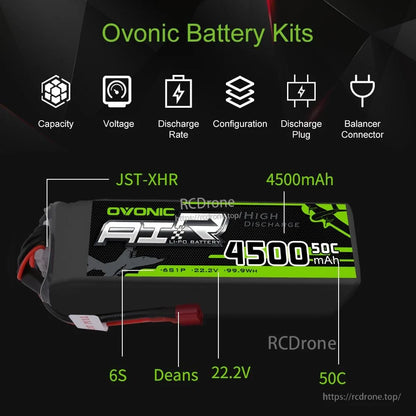 Specification callouts showing 6S, 22.2V, 4500mAh, 50C, Deans discharge plug and JST-XHR balance lead