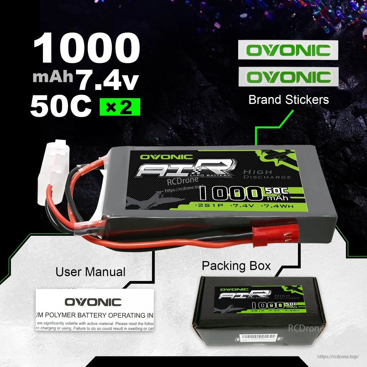 Package contents: 2x 1000mAh 7.4V 50C battery, brand stickers, user manual, and packing box