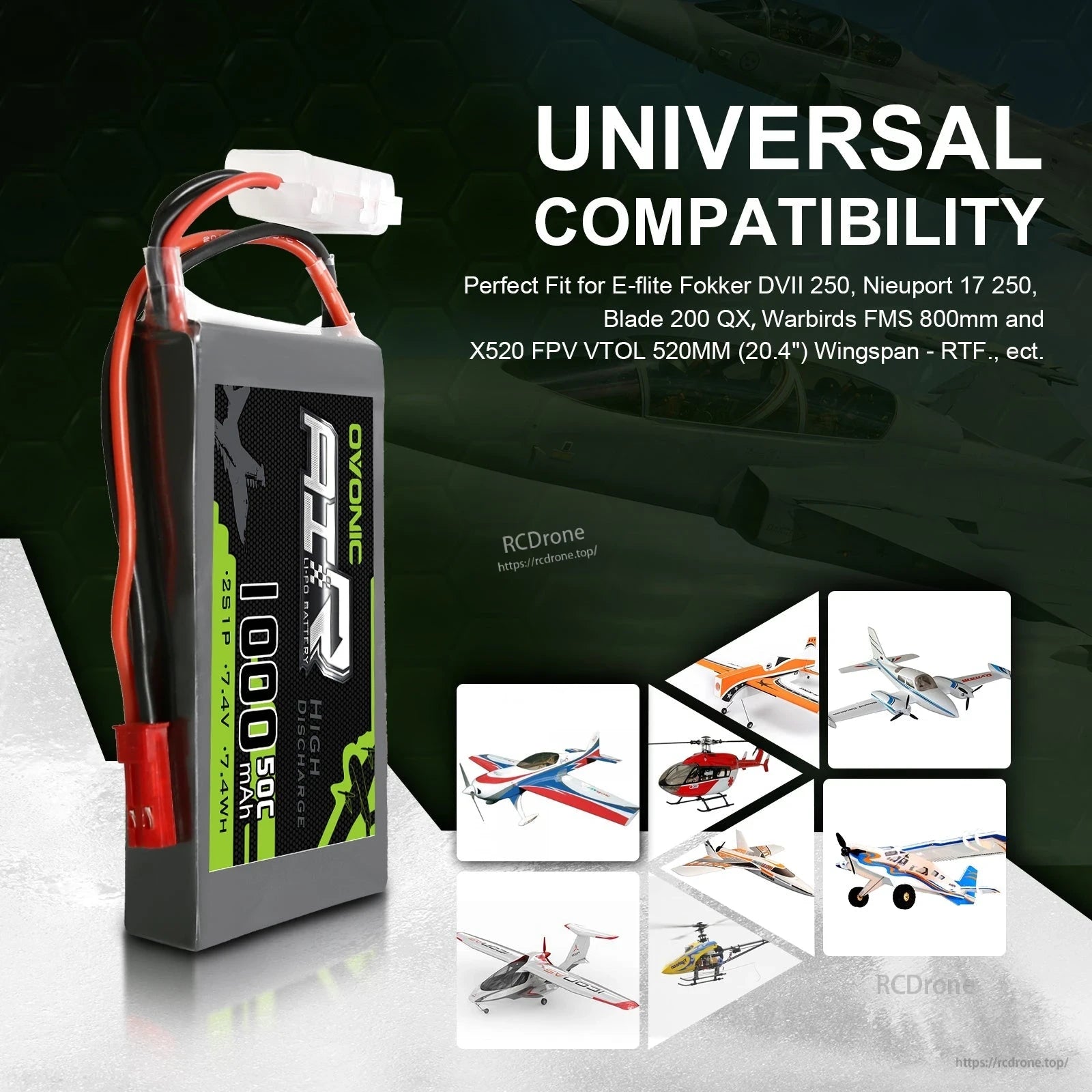 Universal compatibility graphic showing the battery next to multiple RC airplane and helicopter models