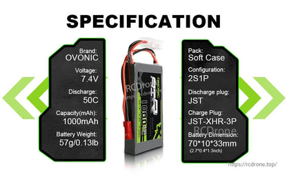 Specification chart for Ovonic AIR 2S 1000mAh 50C 7.4V LiPo battery: 2S1P, JST plug, 57g